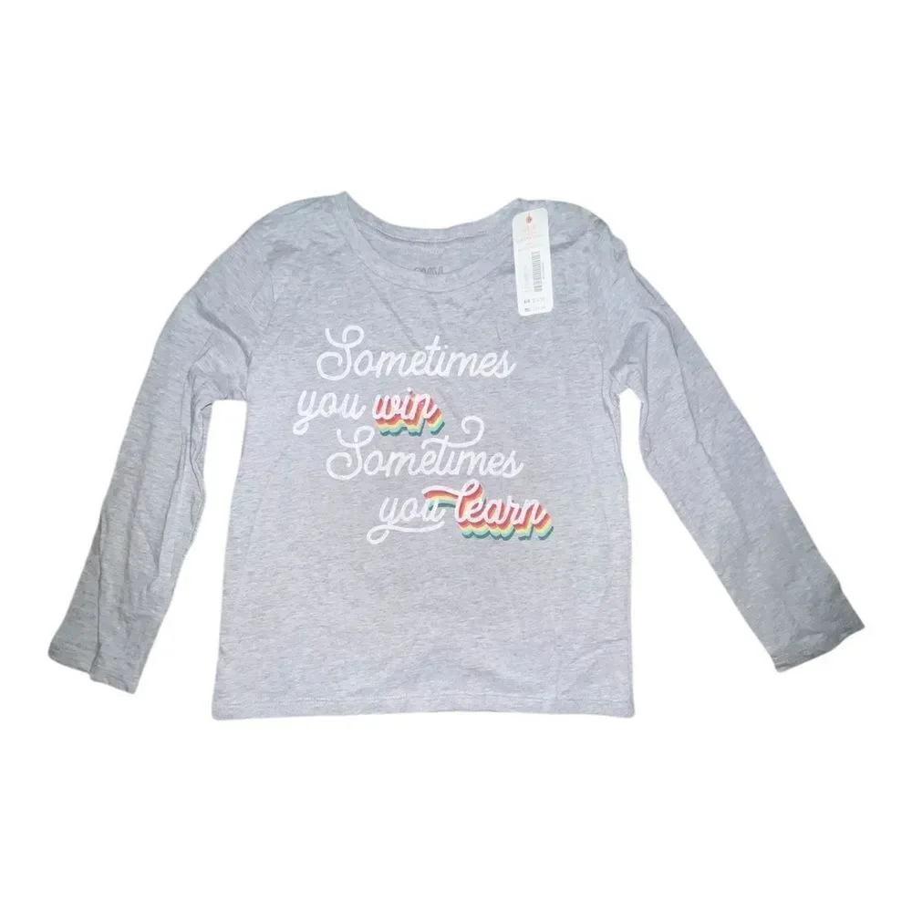 Gymboree Girls Gray Win Learn Graphic Long Sleeve T-Shirt Rainbow Small NWT